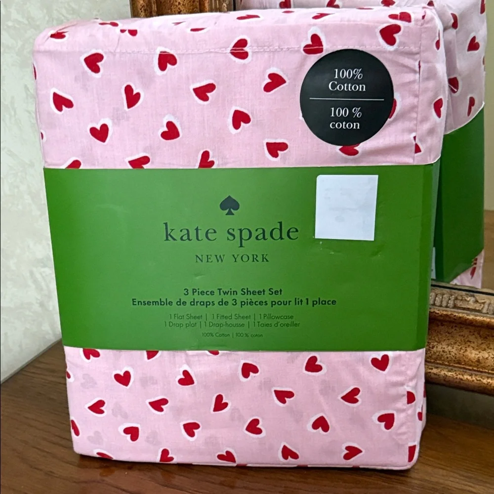 kate spade pink and red heart twin sheet set. 100% cotton.
